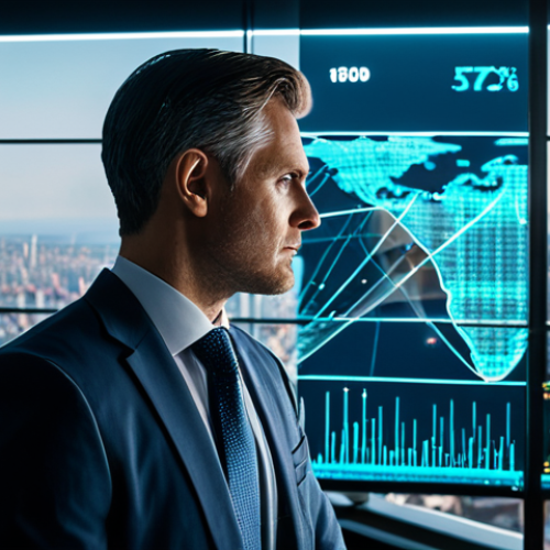 Home 6 A professional male investor in a modest business suit, observing a holographic display that projects a complex network of interconnected digital regulations and glowing data streams. The scene is set in a modern, sophisticated financial office with a large window overlooking a cityscape. The investor appears focused and analytical, embodying the challenges and opportunities of navigating the evolving crypto regulatory landscape. The overall mood is serious and forward-thinking. Professional photography, cinematic lighting, ultra realistic, high detail, sharp focus, perfect anatomy, correct proportions, natural pose, well-formed hands, proper finger count, natural body proportions, fully clothed, appropriate attire, professional dress, safe for work, appropriate content, modest.