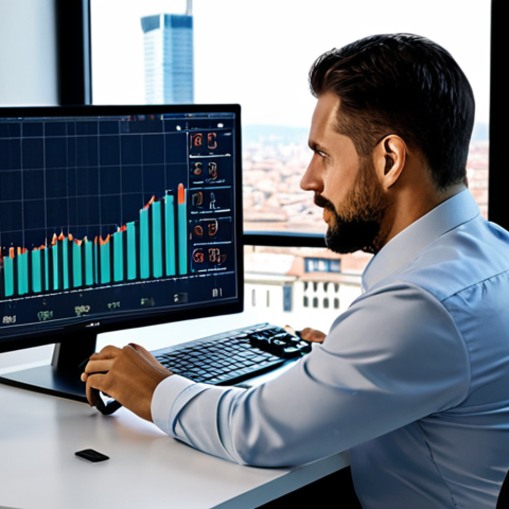 **

A professional financial analyst in a modern office setting, reviewing cryptocurrency charts on a large monitor, fully clothed in appropriate business attire, professional environment, safe for work, perfect anatomy, natural proportions, high-resolution image. The office should have a view of the cityscape of Milan, Italy in the background. The analyst appears focused and confident, with graphs and charts displayed clearly on the screen. family-friendly, appropriate content.

**