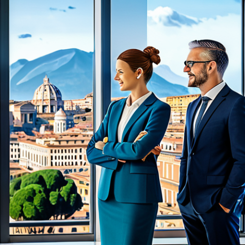 Fintech Collaboration**

"A diverse group of professionals in modest business attire, collaborating around a holographic display showing traditional banking structures merging with blockchain technology, modern office environment, Rome skyline visible through the window, safe for work, appropriate content, fully clothed, perfect anatomy, natural proportions, professional illustration, family-friendly."

**