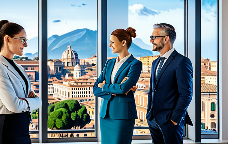 Fintech Collaboration**

"A diverse group of professionals in modest business attire, collaborating around a holographic display showing traditional banking structures merging with blockchain technology, modern office environment, Rome skyline visible through the window, safe for work, appropriate content, fully clothed, perfect anatomy, natural proportions, professional illustration, family-friendly."

**